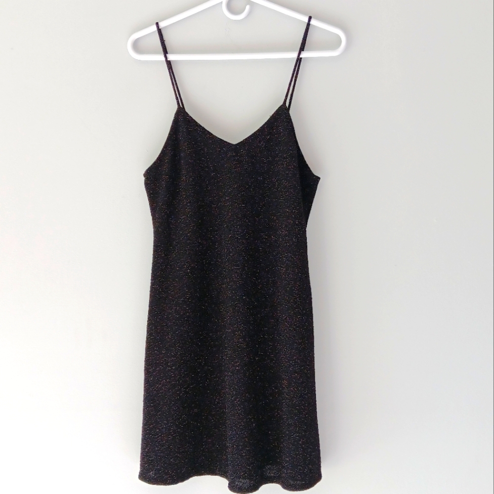 Angie Slip Mini Dress Black Silver Metallic Shimmer Spaghetti Strap Low V Medium - Picture 1 of 14
